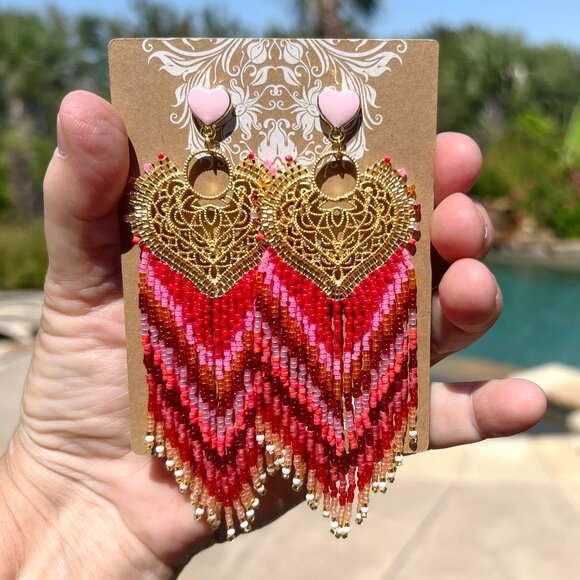 Handmade Beaded Long Fringe Dangle Drop Lightweight Sweetheart Post Earrings - Picture 9 of 10